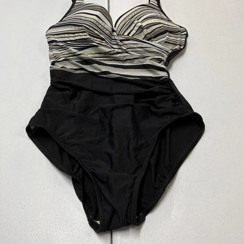 Miraclesuit Swimsuit Black Metallic Striped Crossover Bodice Size 14 Slimming